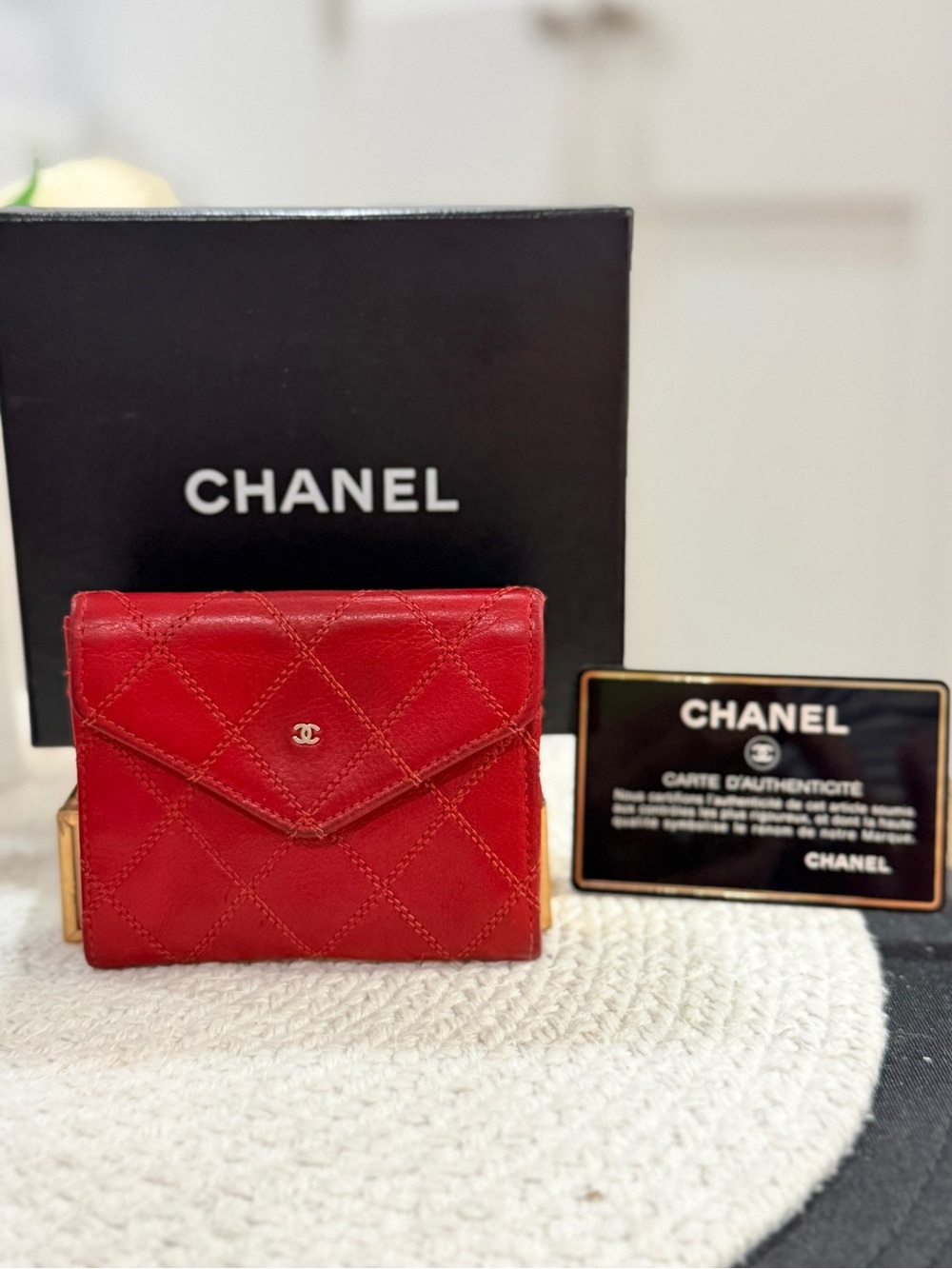CHANEL Bicolore Quilted CC Logo Lambskin Coin Purse Wallet Red